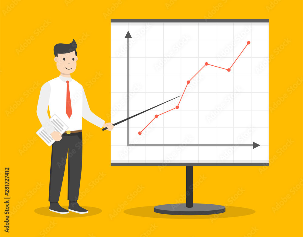 Businessman with file in his hands demonstrates the income schedule. Presentation of revenue growth for investors. Flat cartoon style. Vector illustration. Businessman with file in his hands demonstrates the income schedule. Presentation of revenue growth for investors. Flat cartoon style. Vector illustration.