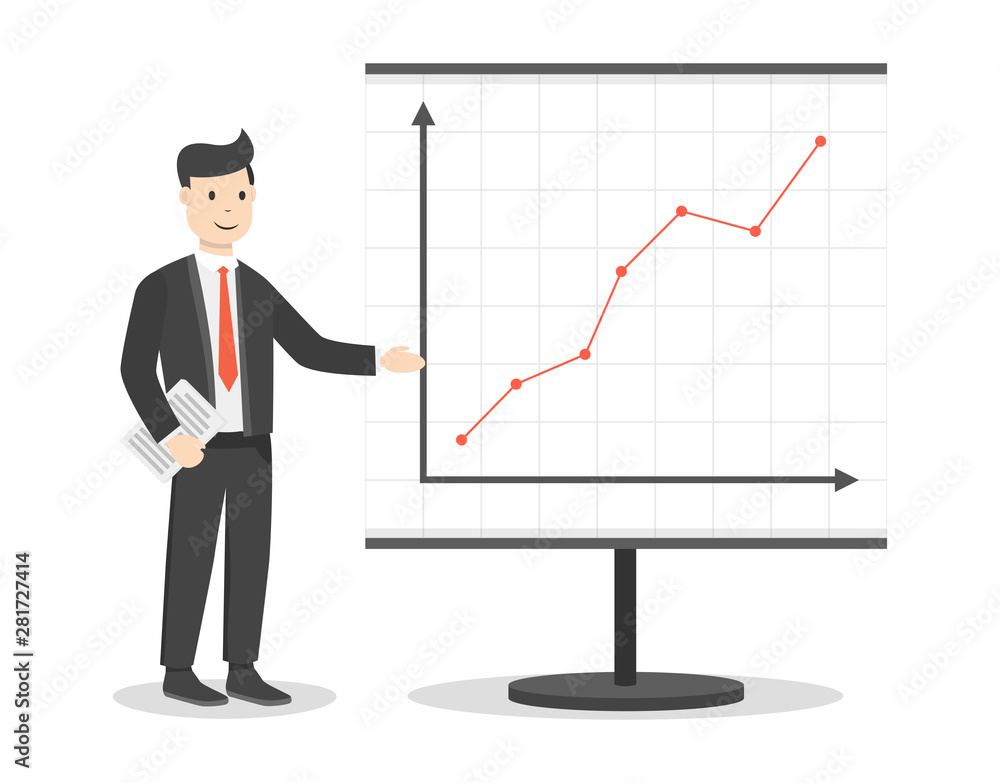 Businessman with file in his hands demonstrates the income schedule. Presentation of revenue growth for investors. Flat cartoon style. Vector illustration. Businessman with file in his hands demonstrates the income schedule. Presentation of revenue growth for investors. Flat cartoon style. Vector illustration.