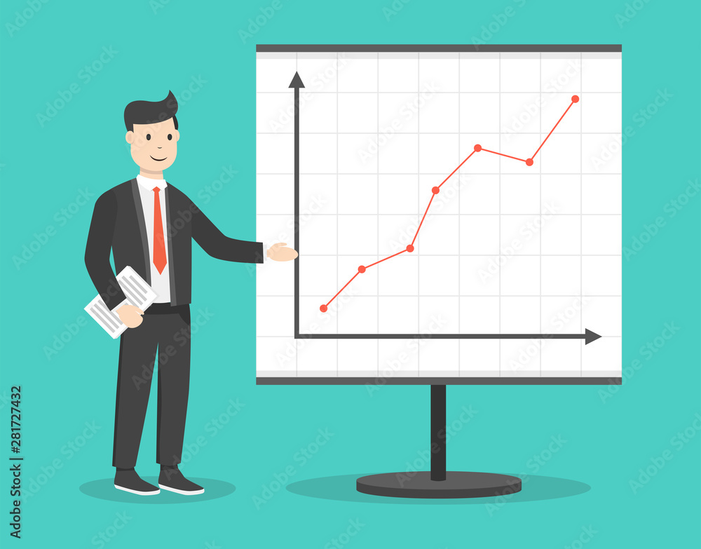 Businessman with file in his hands demonstrates the income schedule. Presentation of revenue growth for investors. Flat cartoon style. Vector illustration. Businessman with file in his hands demonstrates the income schedule. Presentation of revenue growth for investors. Flat cartoon style. Vector illustration.