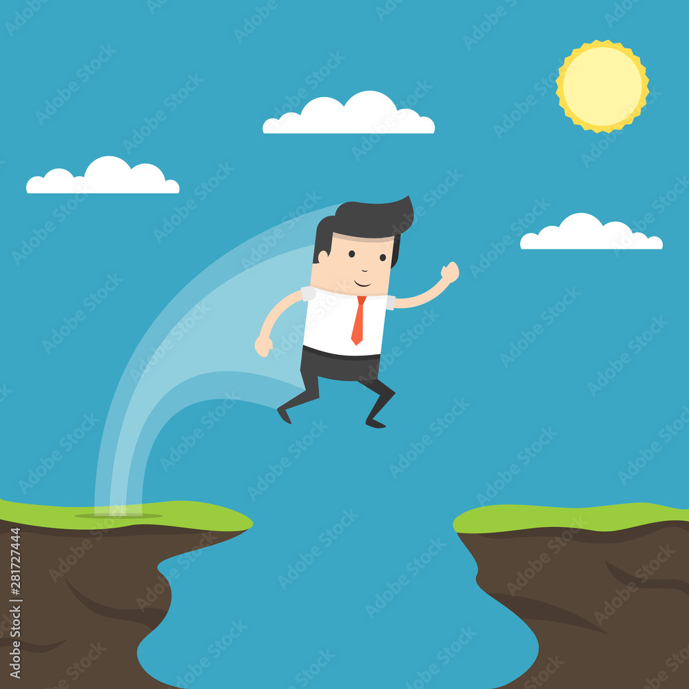 Businessman jump through the gap in the rocks. Symbol of business success, challenge, risk, courage. Flat cartoon style. Vector illustration. Businessman jump through the gap in the rocks. Symbol of business success, challenge, risk, courage. Flat cartoon style. Vector illustration.
