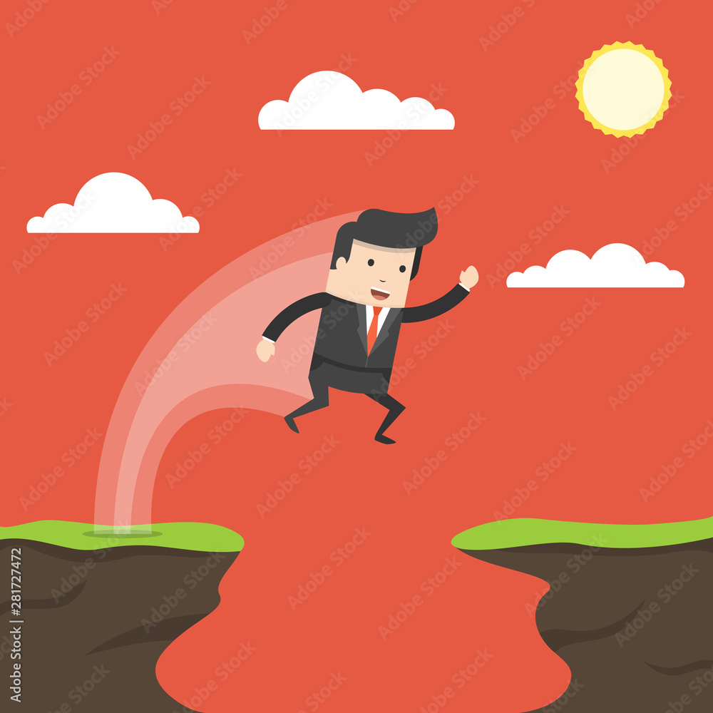 Businessman jump through the gap in the rocks. Symbol of business success, challenge, risk, courage. Flat cartoon style. Vector illustration. Businessman jump through the gap in the rocks. Symbol of business success, challenge, risk, courage. Flat cartoon style. Vector illustration.