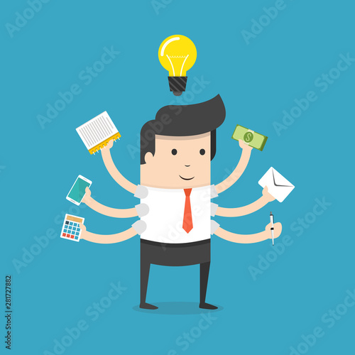 Effective competent leader, businessman or manager with many hands doing a lot of tasks. 