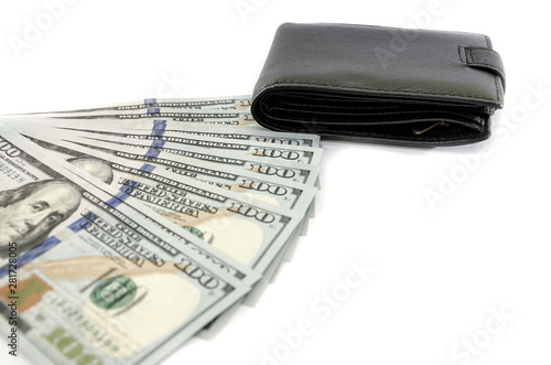 dollars and black wallet isolated on white background