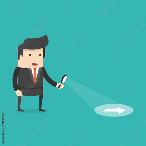 Businessman searching through a magnifying glass. Searching, details, clue concept. Flat cartoon style. Vector illustration.