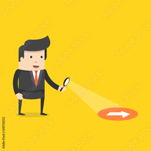 Businessman searching through a magnifying glass. Searching, details, clue concept. Flat cartoon style. Vector illustration.