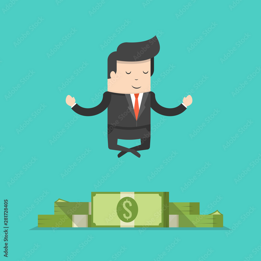 Businessman doing yoga and meditating on huge pile of money. Business concept. Flat cartoon style. Vector illustration. Businessman doing yoga and meditating on huge pile of money. Business concept. Flat cartoon style. Vector illustration.