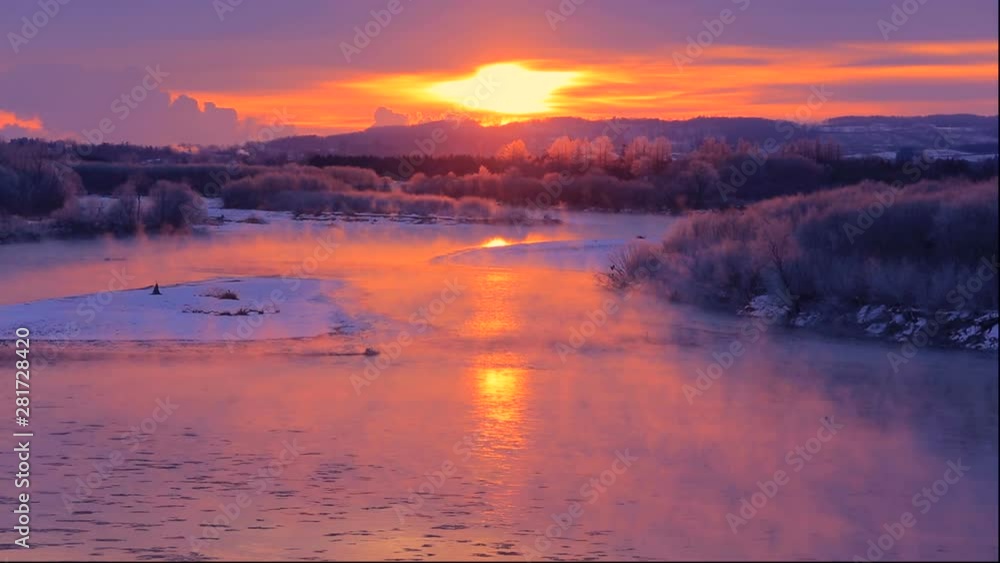 Wide shot of sunrise over Tokachi River, Otofuke, Hokkaido Wide shot of sunrise over Tokachi River, Otofuke, Hokkaido