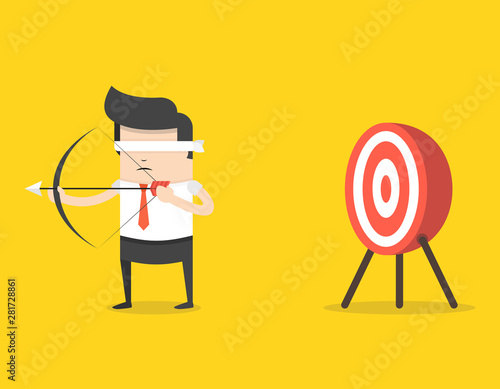 Blindfold businessman holding bow and arrow look for target in wrong direction. Business concept. Flat cartoon style. Vector illustration.