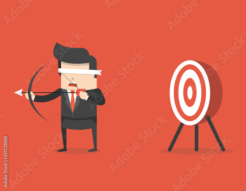 Blindfold businessman holding bow and arrow look for target in wrong direction. Business concept. Flat cartoon style. Vector illustration.