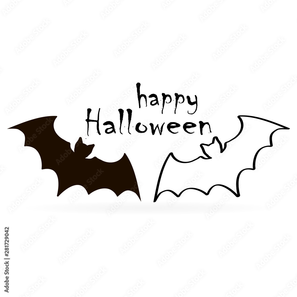 Black bat icon with  text happy halloween. Silhouettes. Stencil, Halloween symbol. Flying bat cartoon vampire vector.