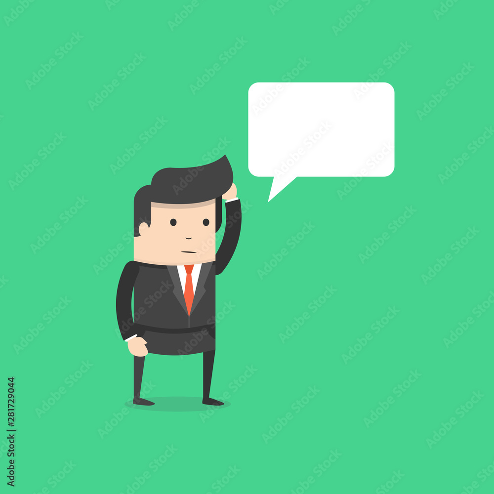 Office worker businessman standing and thinking. Speech bubble. Flat cartoon style. Vector illustration.