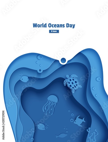 Paper cut butterflyfish, jellyfish, moonfish, turtle. Paper craft underwater ocean cave with fishes, coral reef, seabed in algae, waves. Diving concept, deep blue marine life. Vector sea wildlife
