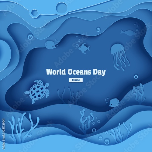 Paper cut butterflyfish, jellyfish, moonfish, turtle. Paper craft underwater ocean cave with fishes, coral reef, seabed in algae, waves. Diving concept, deep blue marine life. Vector sea wildlife
