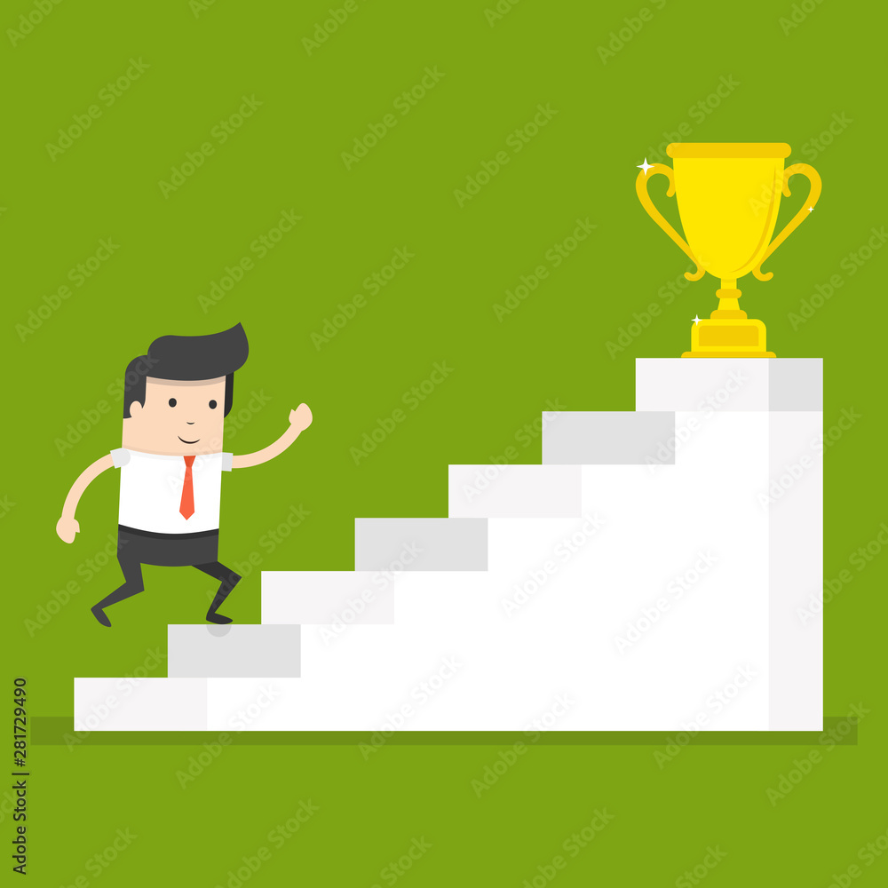 Businessman running up to trophy. Business concept in way to success. Flat cartoon style. Vector illustration. Businessman running up to trophy. Business concept in way to success. Flat cartoon style. Vector illustration.