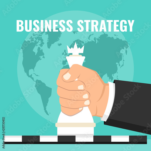 Business strategy concept. Hand holding chess figure. World map on background. Vector illustration.