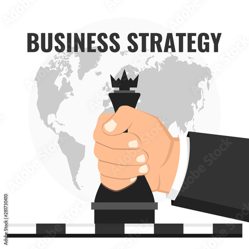 Business strategy concept. Hand holding chess figure. World map on background. Vector illustration.