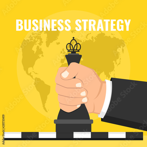 Business strategy concept. Hand holding chess figure. World map on background. Vector illustration.