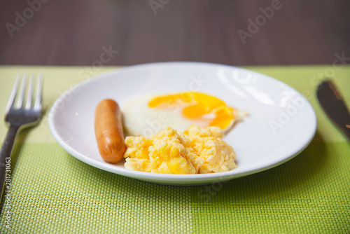 Sausage with egg breakfast set - breakfast food concept