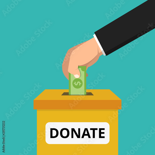 Hand putting money bill in to the donation box. Donation concept. Flat Vector illustration.
