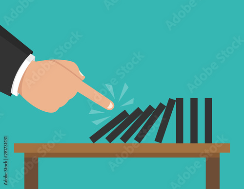 Concept businessman hand pushing the domino effect. Vector illustration.