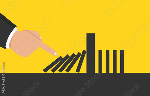 Concept businessman hand pushing the domino effect. Vector illustration.