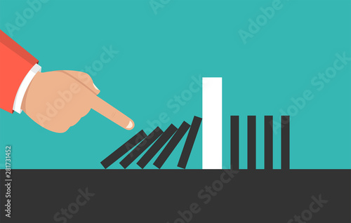 Concept businessman hand pushing the domino effect. Vector illustration.