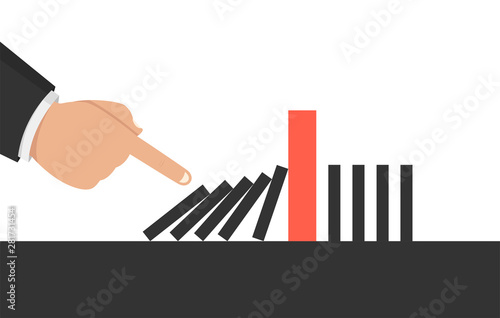 Concept businessman hand pushing the domino effect. Vector illustration.