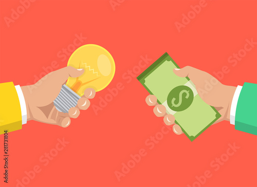 One hand holding light bulb and other hand offers money.  Buy idea, investing in innovation, modern technology business concept. Vector illustration.