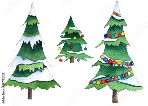 Set of Christmas Trees With Snow and decoration. Hand drawn watercolor illustration.