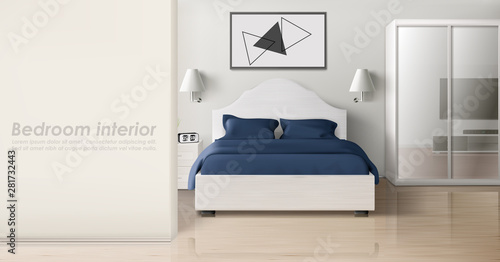 Bedroom interior in white blue colors, modern home or hotel empty apartment with double king size bed, wardrobe with mirror slide doors, TV, nightstands, lamps, clock. Realistic 3d vector illustration