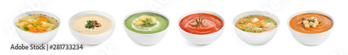 Set of different fresh homemade soups on white background. Banner design photo