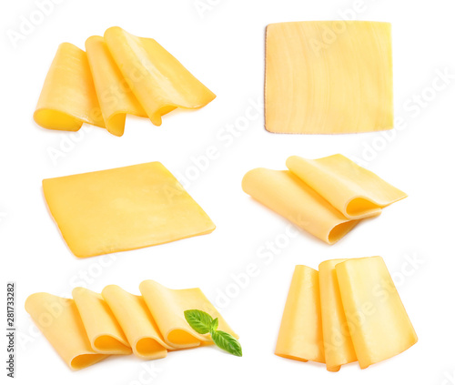 Set of delicious cheese on white background photo