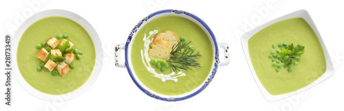 Set of fresh homemade pea soup on white background, top view. Banner design