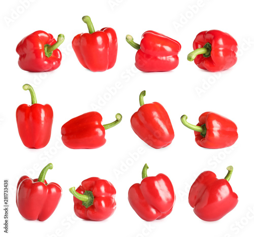 Set of fresh red bell peppers on white background