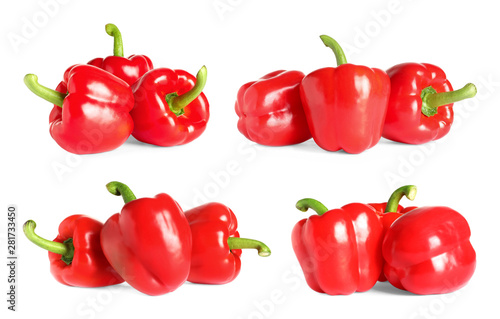Set of fresh red bell peppers on white background