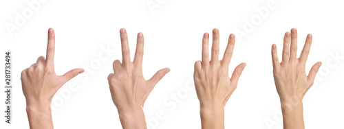 Set of woman showing numbers on white background, closeup view of hands