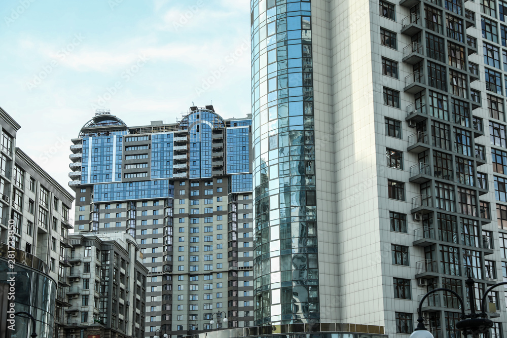 KYIV, UKRAINE - MAY 21, 2019: Beautiful view of modern housing estate in Pecherskyi district on sunny day KYIV, UKRAINE - MAY 21, 2019: Beautiful view of modern housing estate in Pecherskyi district on sunny day