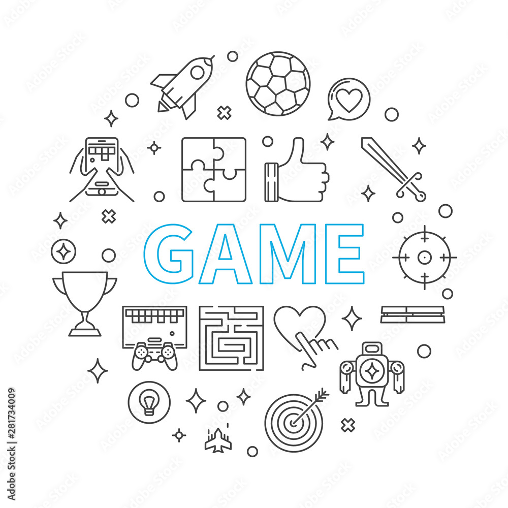 Game vector round concept minimal illustration in thin line style Game vector round concept minimal illustration in thin line style