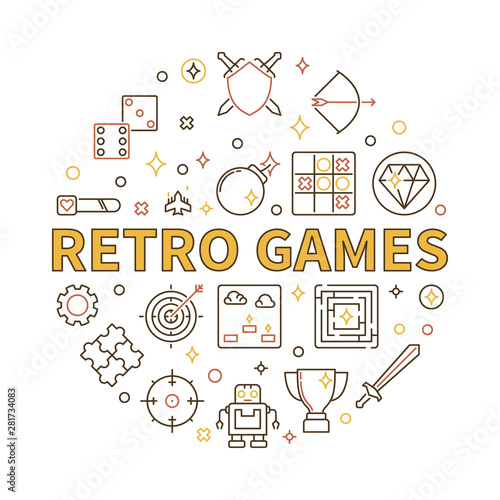 Retro Games vector concept round illustration in outline style