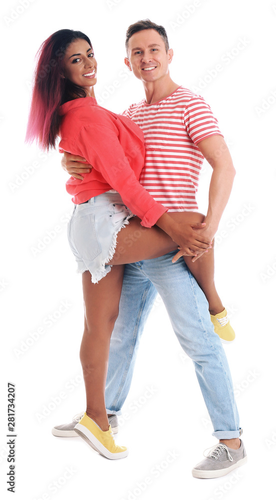 Beautiful lovely couple dancing on white background Beautiful lovely couple dancing on white background