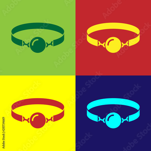 Color Silicone ball gag with a leather belt icon isolated on color background. Fetish accessory. Sex toy for men and woman. Vector Illustration