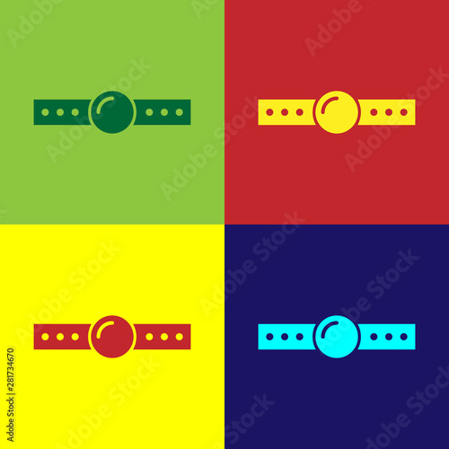 Color Silicone ball gag with a leather belt icon isolated on color background. Fetish accessory. Sex toy for men and woman. Vector Illustration