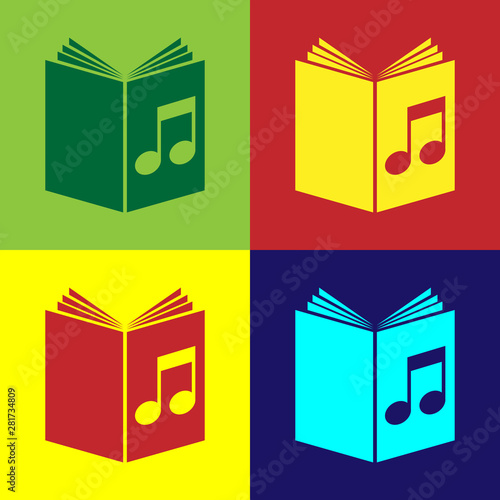 Color Audio book icon isolated on color background. Musical note with book. Audio guide sign. Online learning concept. Vector Illustration