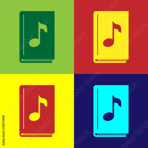 Color Audio book icon isolated on color background. Musical note with book. Audio guide sign. Online learning concept. Vector Illustration