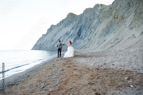 Happy newlywed couple. Beautiful bride and groom in a suit.