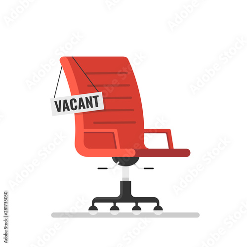 Composition with brown office chair and sign vacant. Business hiring and recruiting concept. Flat vector illustration.