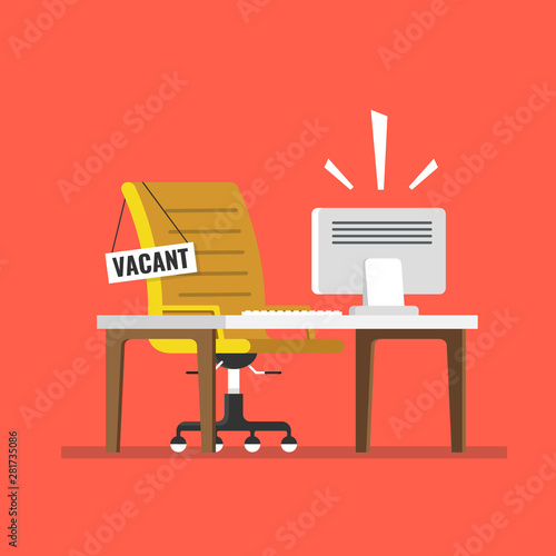 Composition with office chair Computer table and a sign vacant. Business hiring and recruiting concept. Flat vector illustration.