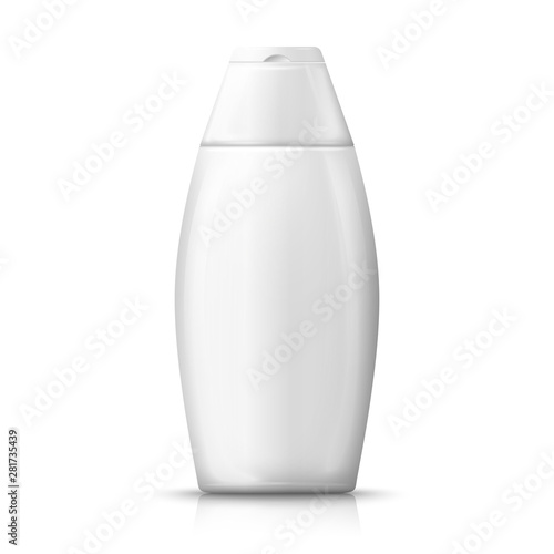 Vector 3d realistic white plastic shampoo bottle with reflection. Mock-up for product package branding.