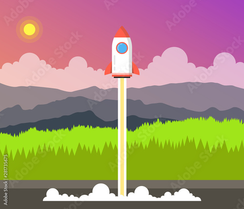 Rocket launch and smoke. Startup project concept. Mountains and forest landscape on background. Vector illustration.