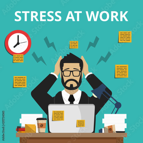 Stress situation on work. Overworked and tired businessman or office worker sitting at his desk in night time. Flat vector illustration.